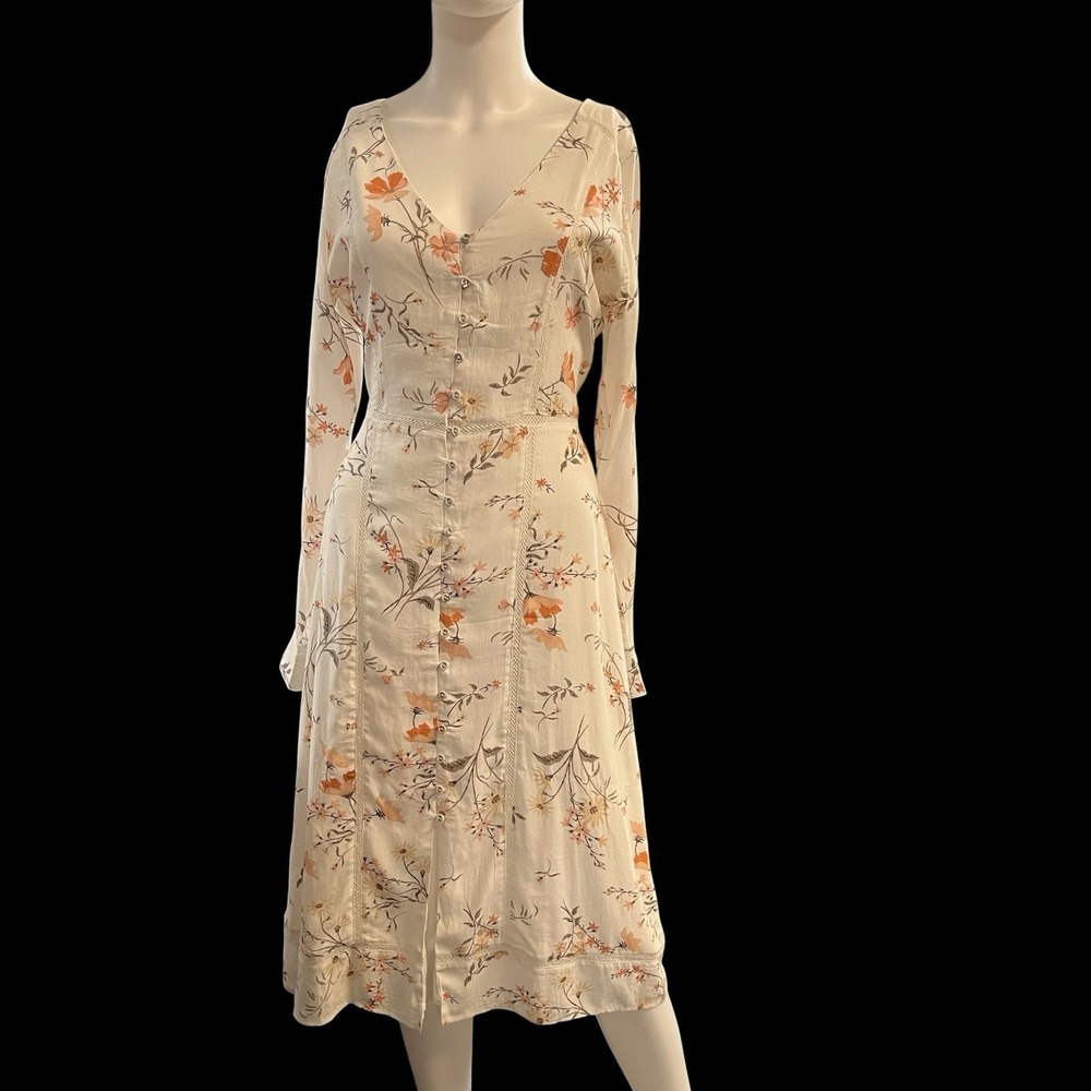 Ivory Garden Floral‎ Dress Crochet Trim Midi Cottage Feminine Romantic Country M